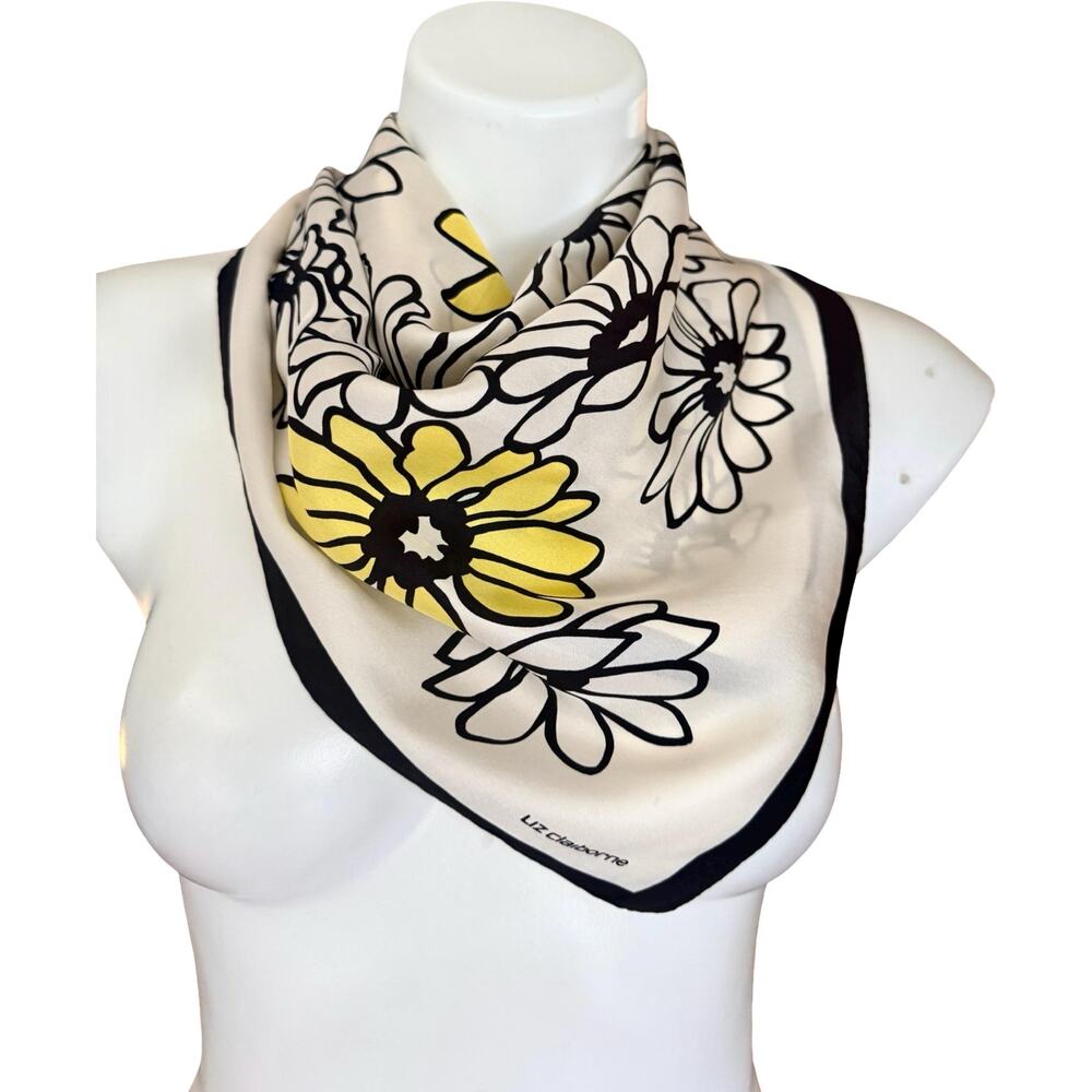 Vintage Liz Claiborne 90s Silk Daisy Print Scarf Black White Yellow 26 Inch - Picture 9 of 14